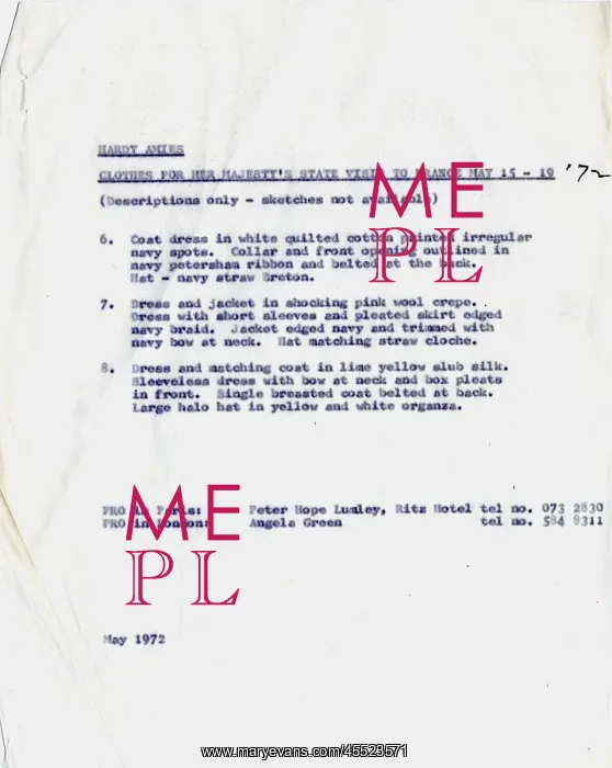 : Typewritten list of clothes for state visit to France : Typewritten list of clothes for state visit to France