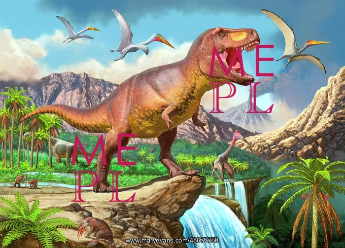 : Tyrannosaurus rex roaring at the top of a waterfall : Tyrannosaurus rex roaring at the top of a waterfall
