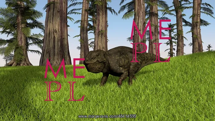 : Udanoceratops walking across a grassy field : Udanoceratops walking across a grassy field