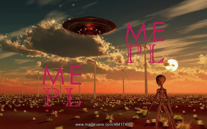 : A UFO and alien on a desert wind farm : A UFO and alien on a desert wind farm