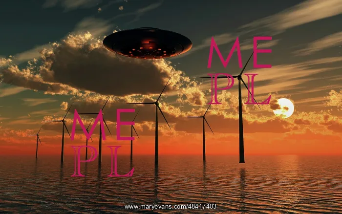 : A UFO flying above an ocean wind farm at sunset : A UFO flying above an ocean wind farm at sunset