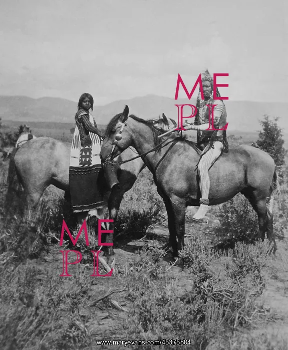 : Uinta Ute warrior and his bride on horseback : Uinta Ute warrior and his bride on horseback