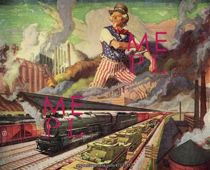 : Uncle Sam standing over Railroad, Tanks, and Factories : Uncle Sam standing over Railroad, Tanks, and Factories