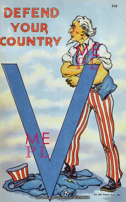 : Uncle Sam. US World War Two propaganda postcard : Uncle Sam. US World War Two propaganda postcard