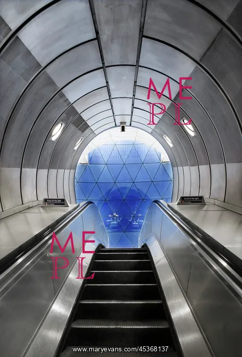 : Underground - view up escalator to a geodesic glass screen : Underground - view up escalator to a geodesic glass screen