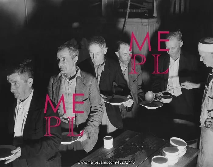 : Unemployed men at soup kitchen : Unemployed men at soup kitchen