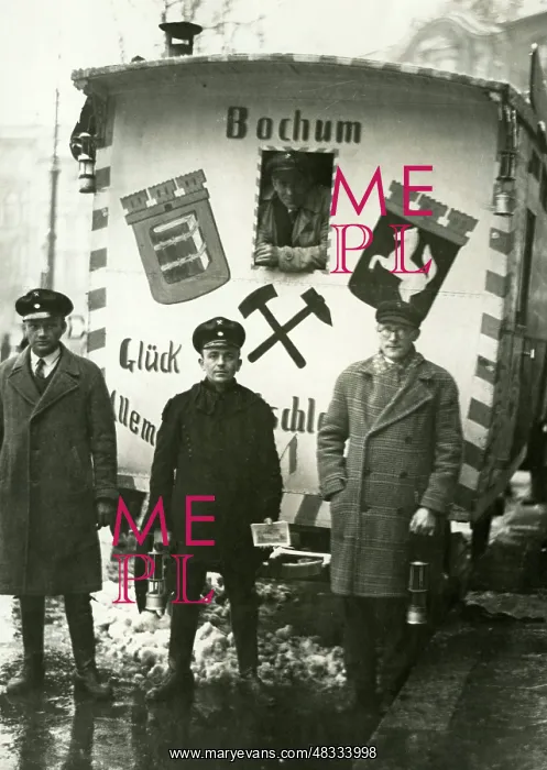 : Four unemployed miners with their trailer at : Four unemployed miners with their trailer at