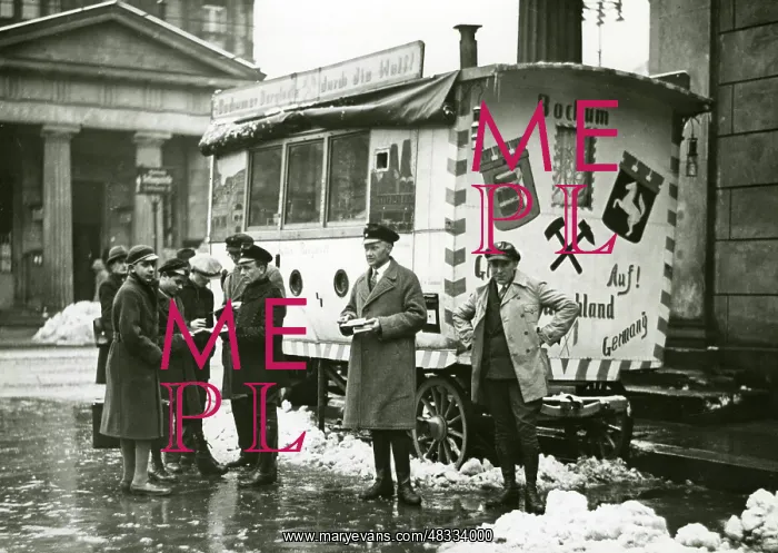 : Four unemployed miners with their trailer at : Four unemployed miners with their trailer at