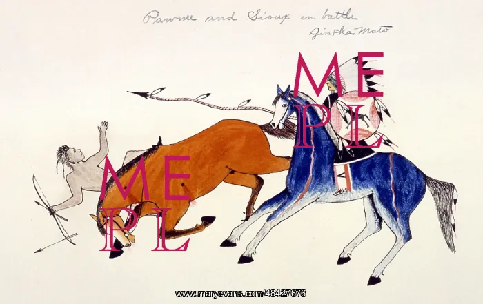 : Unhorsing of a Pawnee warrior by the spear of : Unhorsing of a Pawnee warrior by the spear of