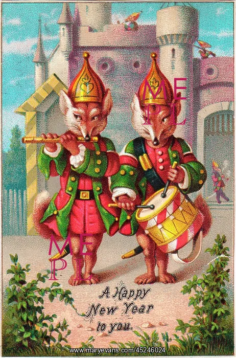 : Two uniformed foxes on a New Year card : Two uniformed foxes on a New Year card