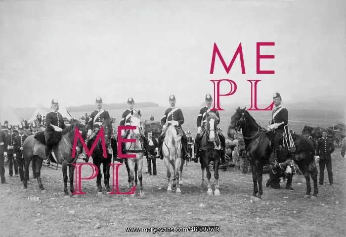 : Uniformed men on horseback in a field : Uniformed men on horseback in a field