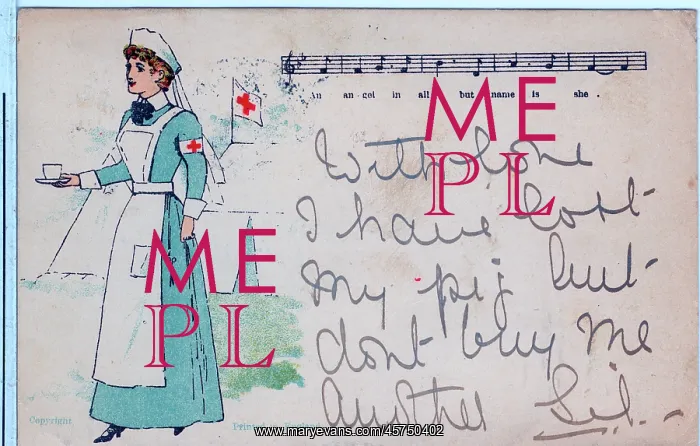  : Uniformed nurse carring a cup of what is probably tea