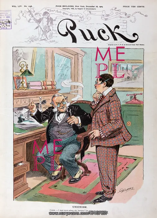 : Unionism. Illustration shows a clerk in an office telling his employer : Unionism. Illustration shows a clerk in an office telling his employer