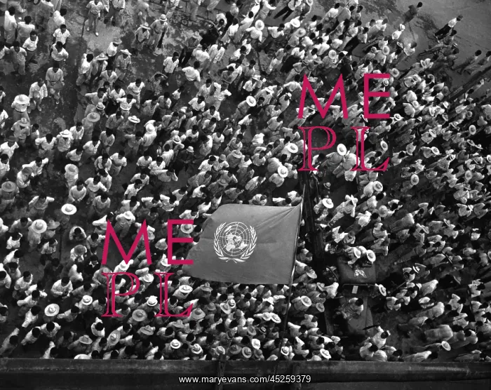 : United Nations flag waves over crowd waiting to : United Nations flag waves over crowd waiting to