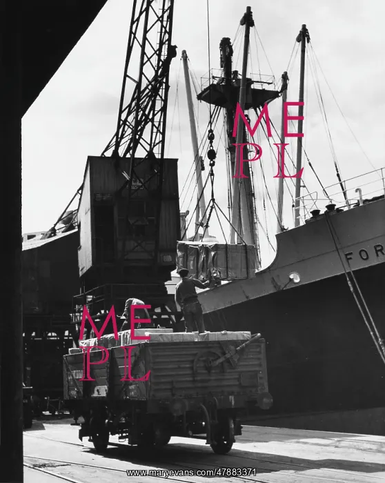 : Unloading cargo from a large steamship in Manchester Docks : Unloading cargo from a large steamship in Manchester Docks