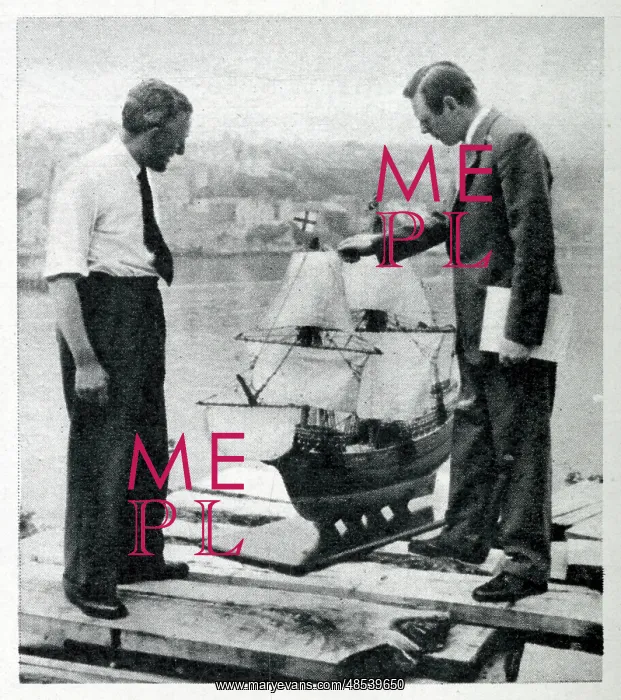 : Upham & Charlton inspect Mayflower II model : Upham & Charlton inspect Mayflower II model