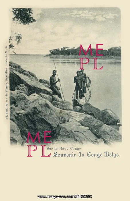  : Upper Congo, Africa - Four tribesmen and their dugout canoe
