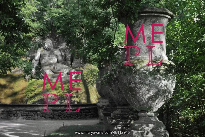 : Urns and statue of Neptune, Garden of Bomarzo : Urns and statue of Neptune, Garden of Bomarzo