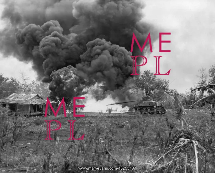 : U.S. Marine flame-throwing tank attacks a Japanese : U.S. Marine flame-throwing tank attacks a Japanese