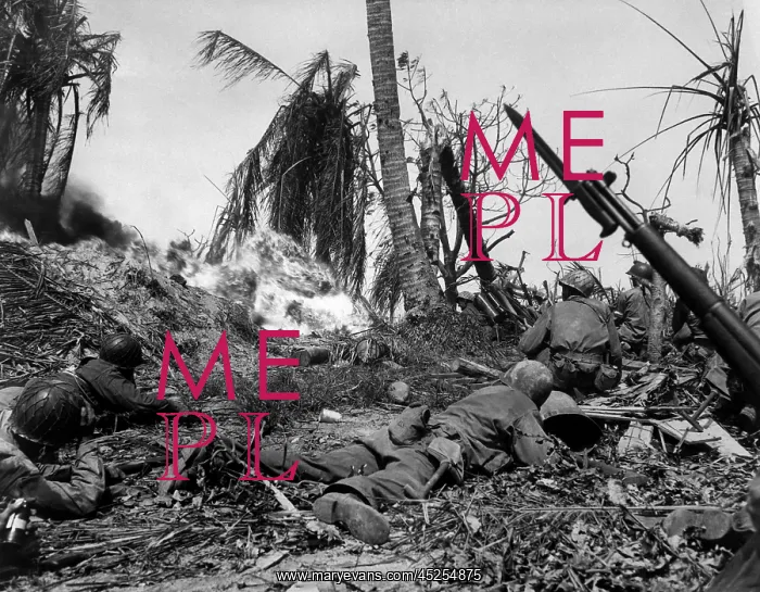 : U.S. Marines use flame throwers against a Japanese : U.S. Marines use flame throwers against a Japanese