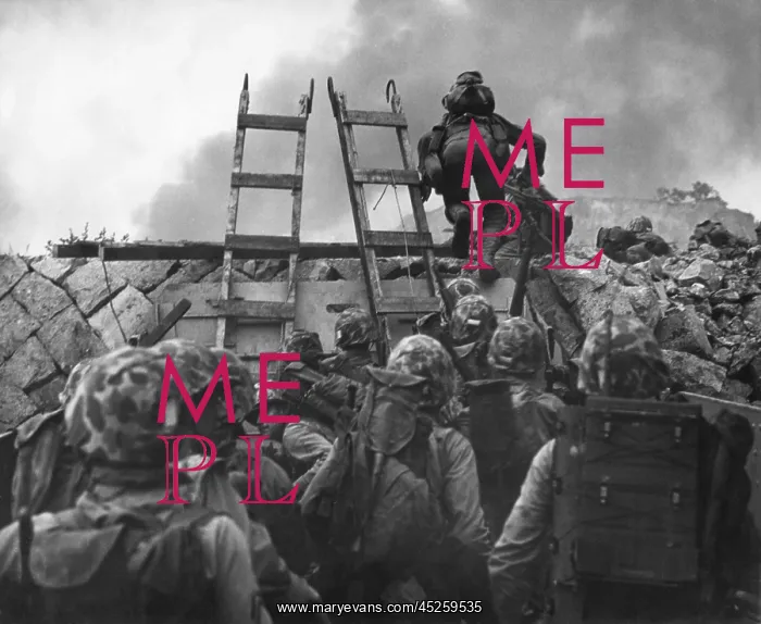 : U.S. Marines use scaling ladders to storm ashore : U.S. Marines use scaling ladders to storm ashore