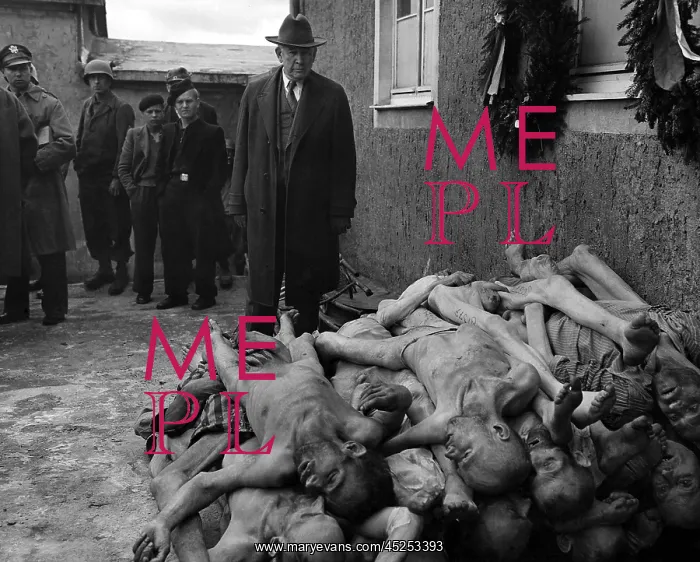 : U.S. Senator Alben Barkley views pile of dead : U.S. Senator Alben Barkley views pile of dead