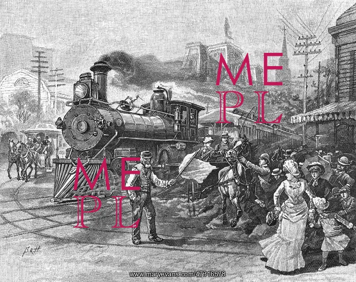 : USA Train in Street 1885 : USA Train in Street 1885