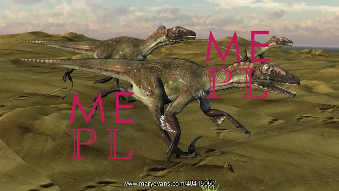: Three Utahraptors running across a desert landscape : Three Utahraptors running across a desert landscape