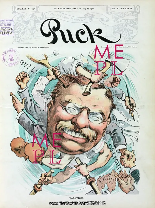 : Vacation. Illustration shows the face of President Theodore Roosevelt with : Vacation. Illustration shows the face of President Theodore Roosevelt with