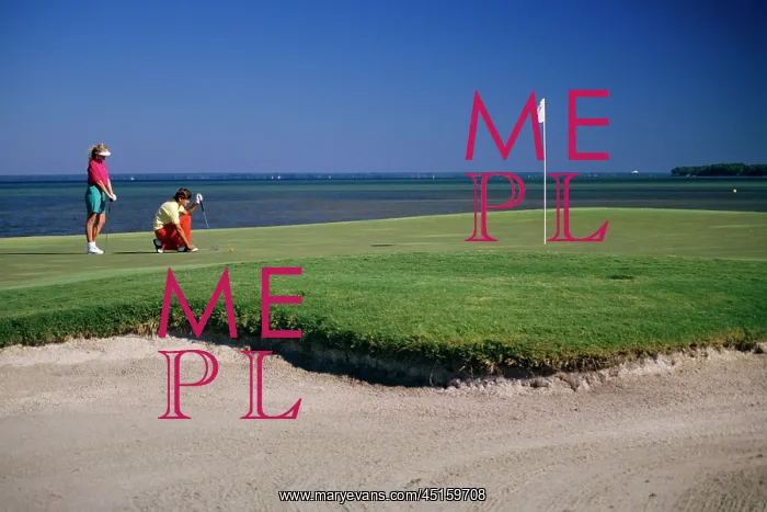 : Vacation Couple on Golf Course Green by Ocean : Vacation Couple on Golf Course Green by Ocean