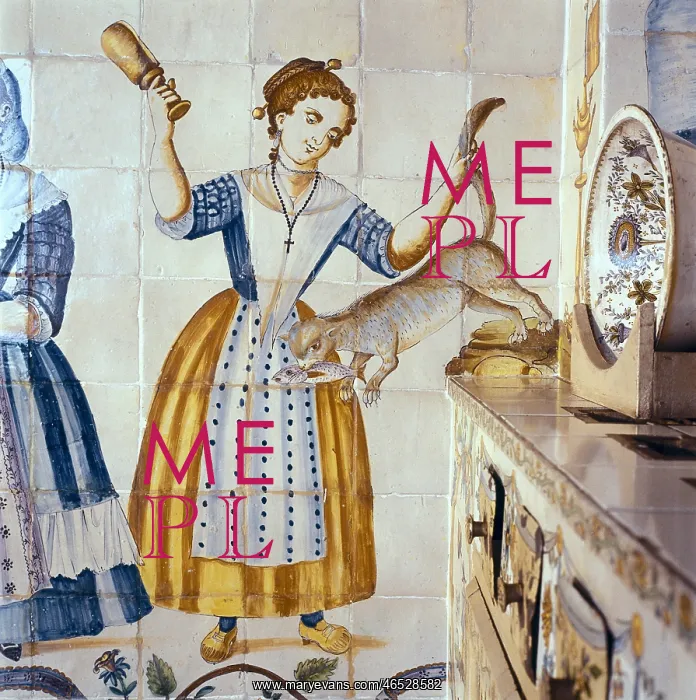 : Valencian kitchen tile with scenes of daily life : Valencian kitchen tile with scenes of daily life