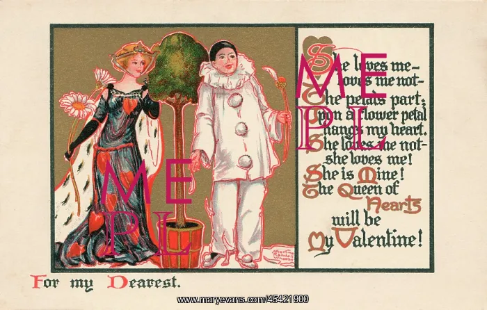 : Valentine. A lady in a heart-motif dress, being wooed by a Pierrot : Valentine. A lady in a heart-motif dress, being wooed by a Pierrot
