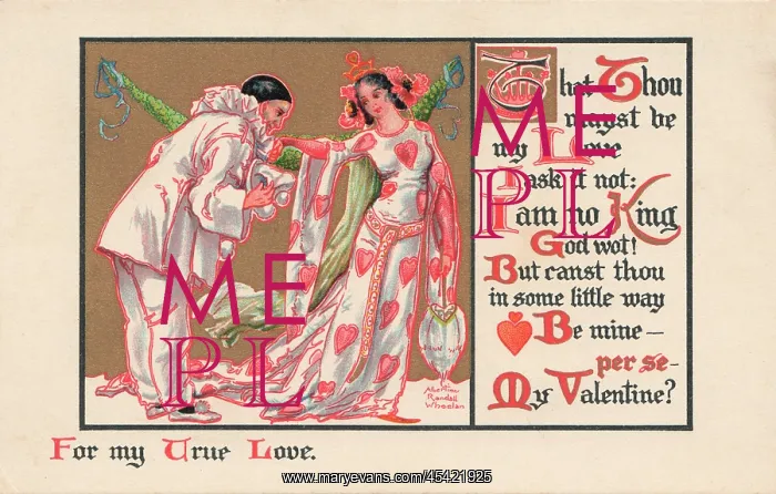  : Valentine. A lady in a heart-motif dress, being wooed by a Pierrot