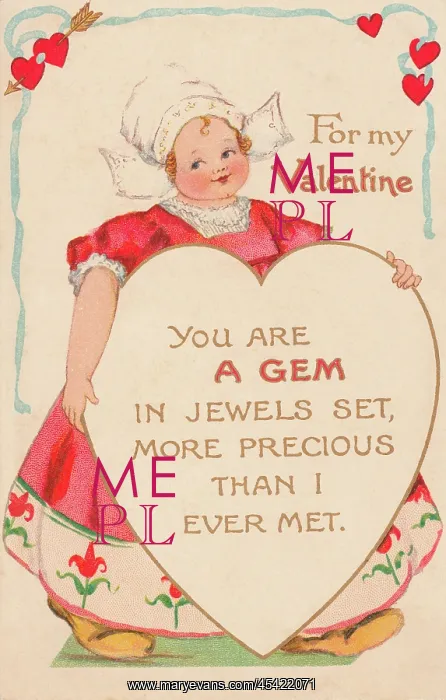 : Valentine. Pretty Dutch girl with a Valentine message enshrined in a heart : Valentine. Pretty Dutch girl with a Valentine message enshrined in a heart