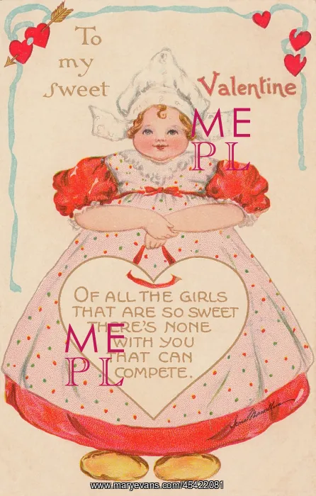 : Valentine. Pretty Dutch girl with a Valentine message enshrined in a heart : Valentine. Pretty Dutch girl with a Valentine message enshrined in a heart