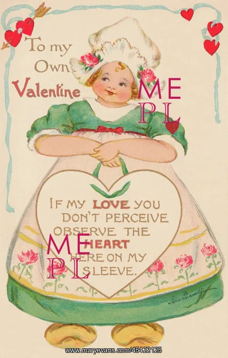 : Valentine. Pretty Dutch girl with a Valentine message enshrined in a heart : Valentine. Pretty Dutch girl with a Valentine message enshrined in a heart