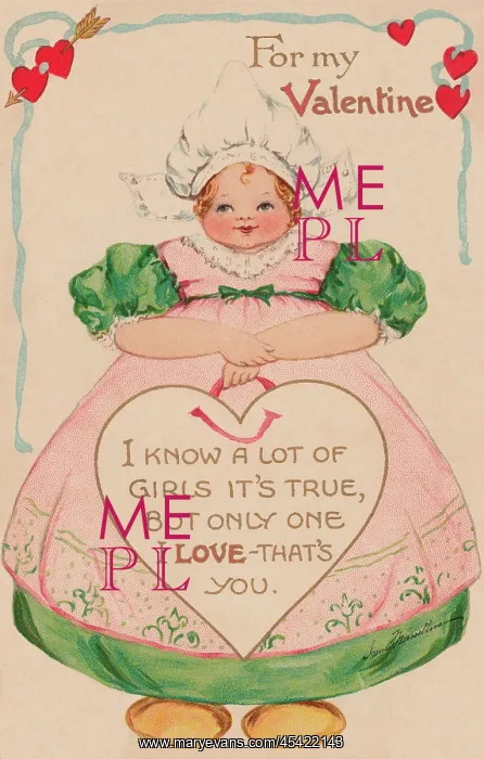 : Valentine. Pretty Dutch girl with a Valentine message enshrined in a heart : Valentine. Pretty Dutch girl with a Valentine message enshrined in a heart
