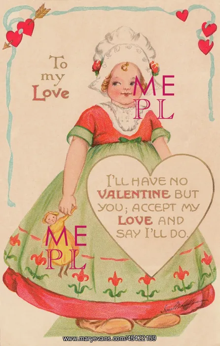 : Valentine. Pretty Dutch girl with a Valentine message enshrined in a heart : Valentine. Pretty Dutch girl with a Valentine message enshrined in a heart
