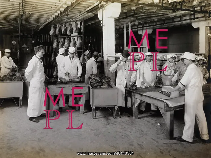 : VALUE!. Branding smoked hams at the meat packing establishments, 1910 : VALUE!. Branding smoked hams at the meat packing establishments, 1910
