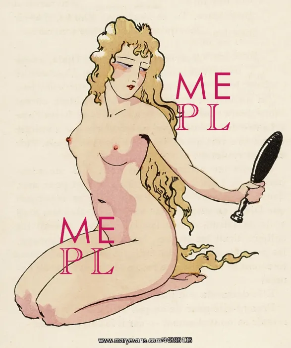  : Vanity. A nude woman with long, flowing blonde locks kneels