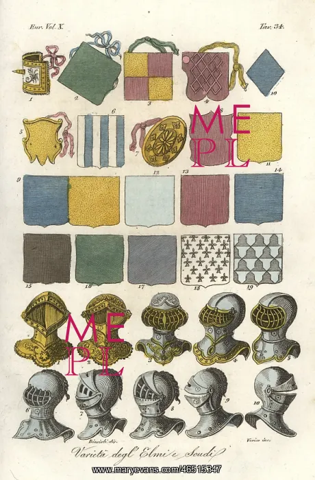 : Variety of jousting shields and helmets from : Variety of jousting shields and helmets from