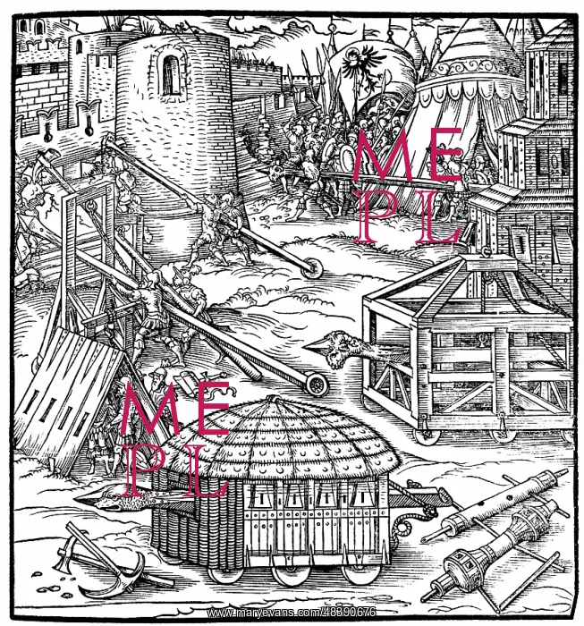 : Various forms of siege equipment, including battering : Various forms of siege equipment, including battering