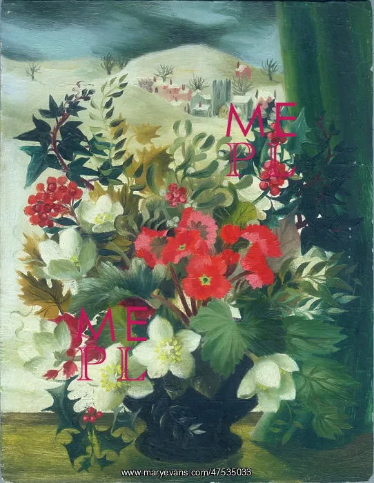 : Vase of flowers with snowy landscape behind : Vase of flowers with snowy landscape behind