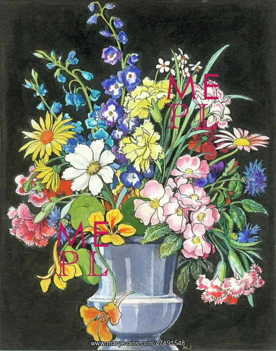  : Vase of mixed flowers on a black background