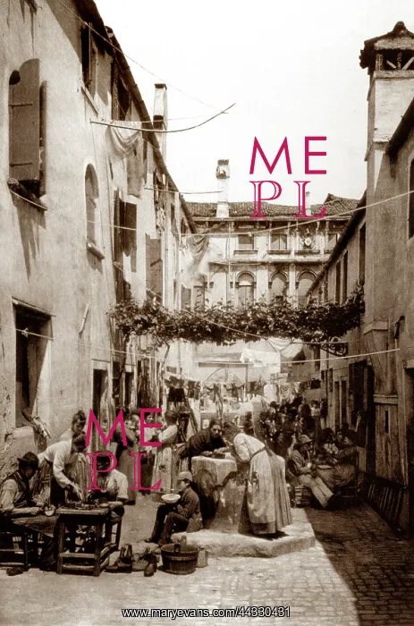 : Italy. A venetian calle, crowded with people conversing, under a pergola : Italy. A venetian calle, crowded with people conversing, under a pergola