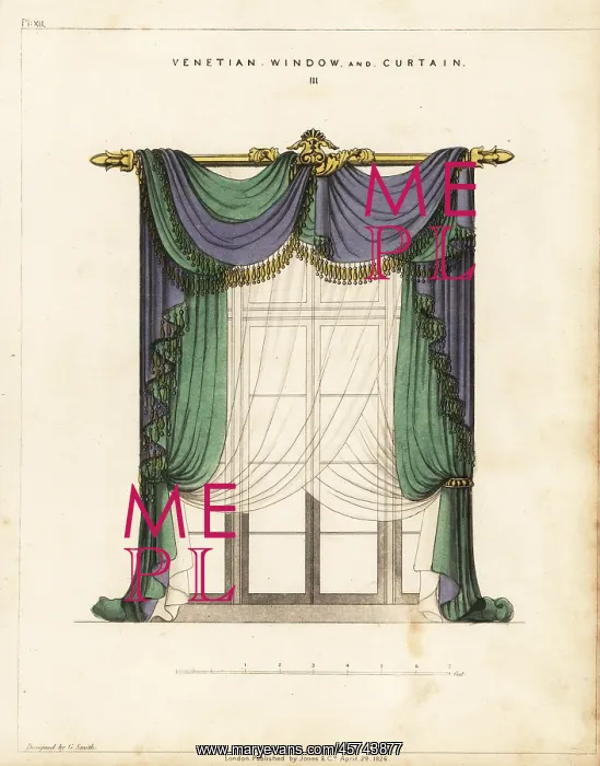 : Venetian window and curtain, Regency style : Venetian window and curtain, Regency style