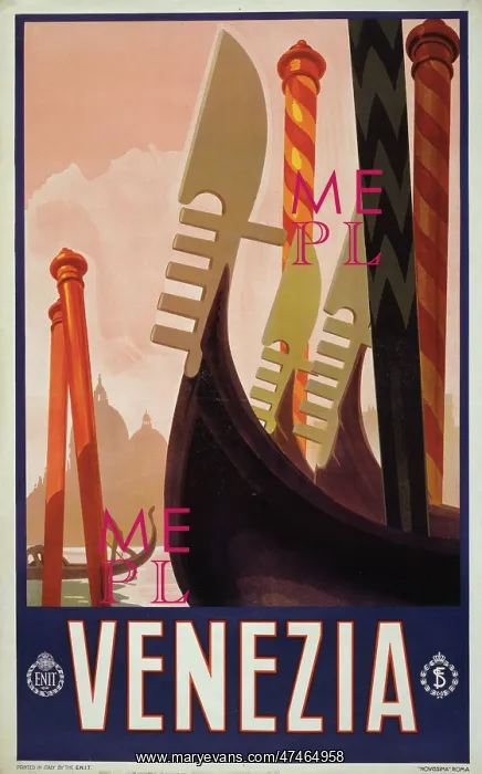 : Venezia. Poster showing the decorative prows of gondolas on a canal in Venice : Venezia. Poster showing the decorative prows of gondolas on a canal in Venice