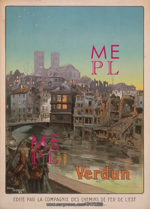: Verdun. Translation of title: Soldiers marching beside a river : Verdun. Translation of title: Soldiers marching beside a river
