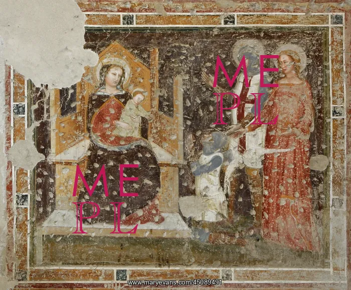 : Verona. Detail of fresco depicting a Knight presented by St George to the Virgin : Verona. Detail of fresco depicting a Knight presented by St George to the Virgin