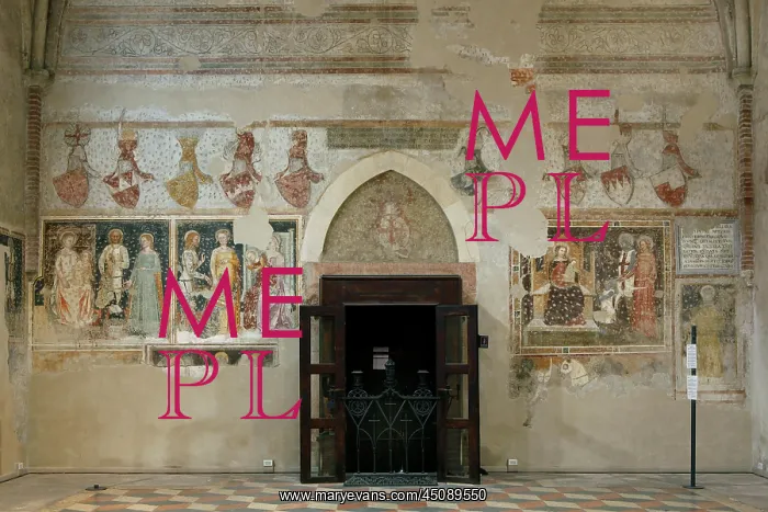 : Verona. Low angle view of wall with frescoes, 14th century, and doorway, Chiesa S : Verona. Low angle view of wall with frescoes, 14th century, and doorway, Chiesa S
